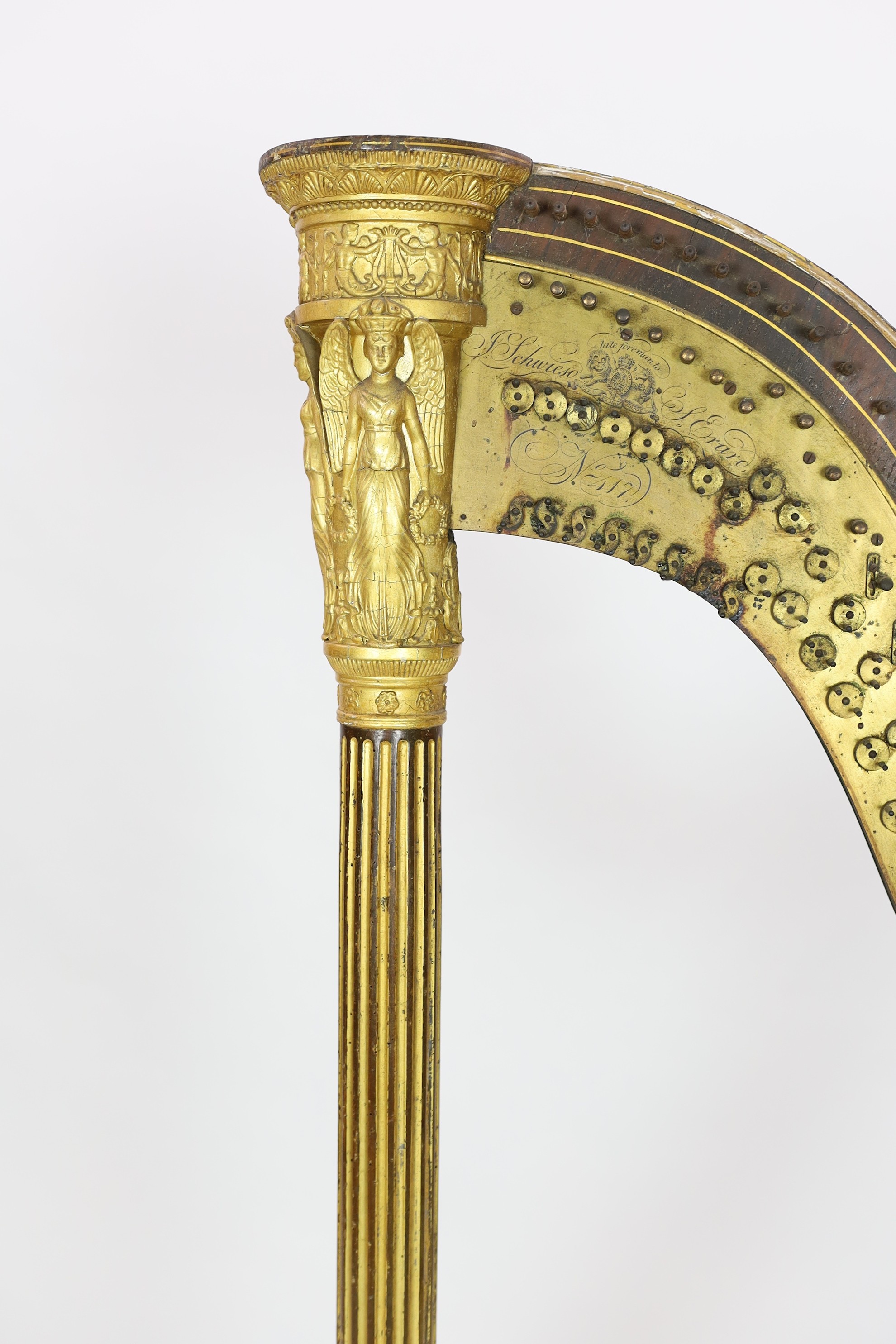 A mid 19th century J.Schwieso giltwood, satinwood and rosewood 'Grecian' concert harp, width 84cm, height 170cm.